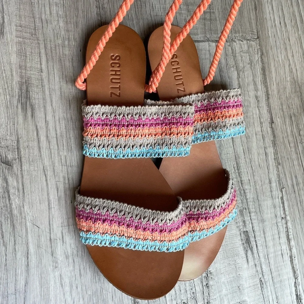 SHUTZ Crochet Knit Sandals Rope Ankle Tie 2 Strap Foot Peach/Pink/Blue SZ 8